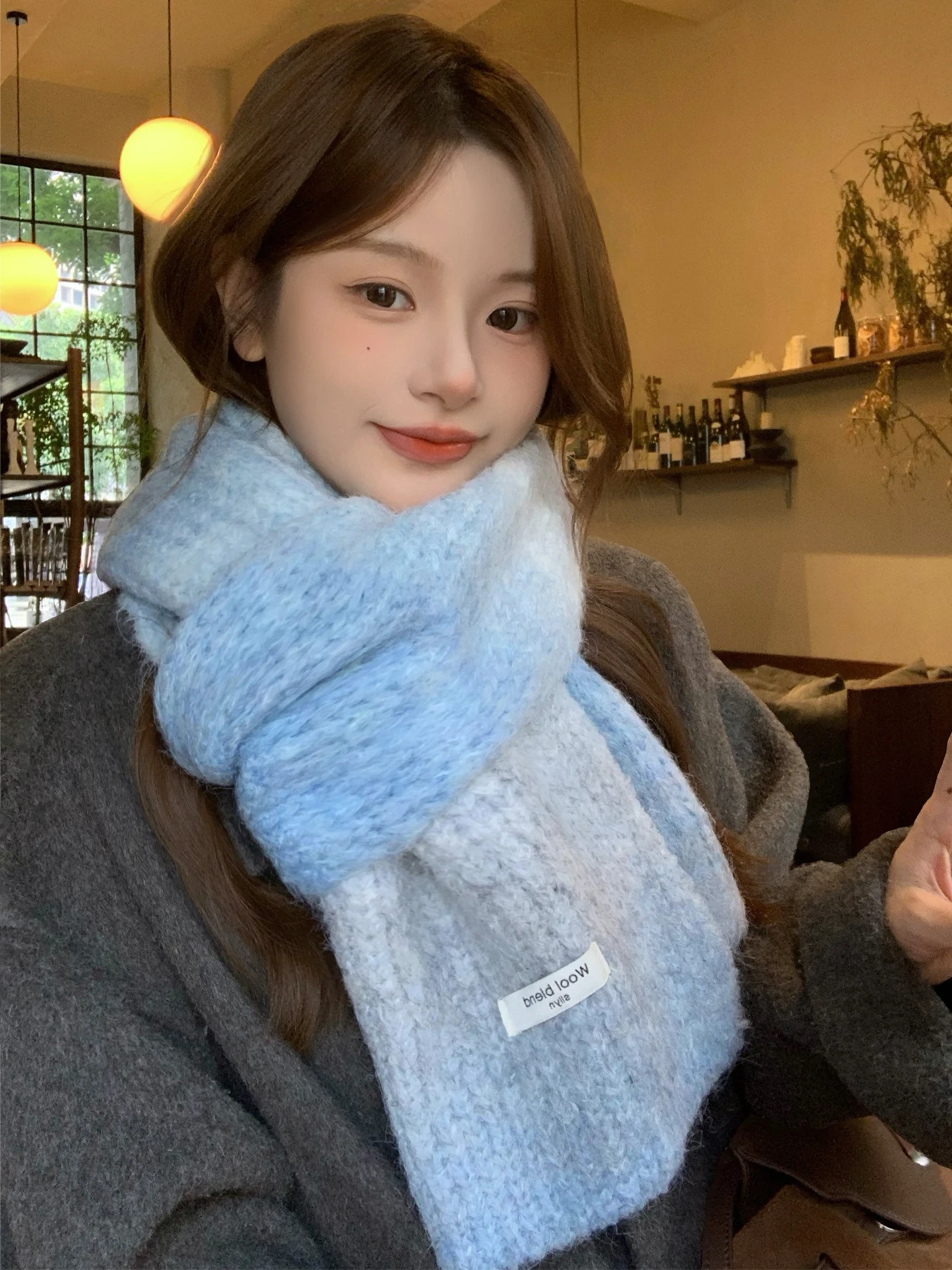 Thickened Soft Blue Gradient Woolen Knitted Scarf for Women Winter Warm Neck Protection Long Rectangle Korean Style Scarf