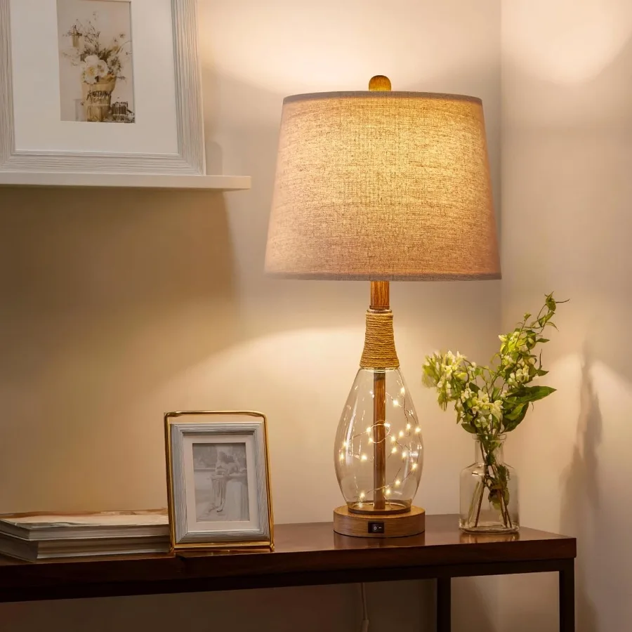 23인치 USB A+C 테이블 램프 침실 거실용 모던 침대 옆 램프 레트로 농가 스타일 라탄 유리 나이트스탠드 나이트라이트 램프