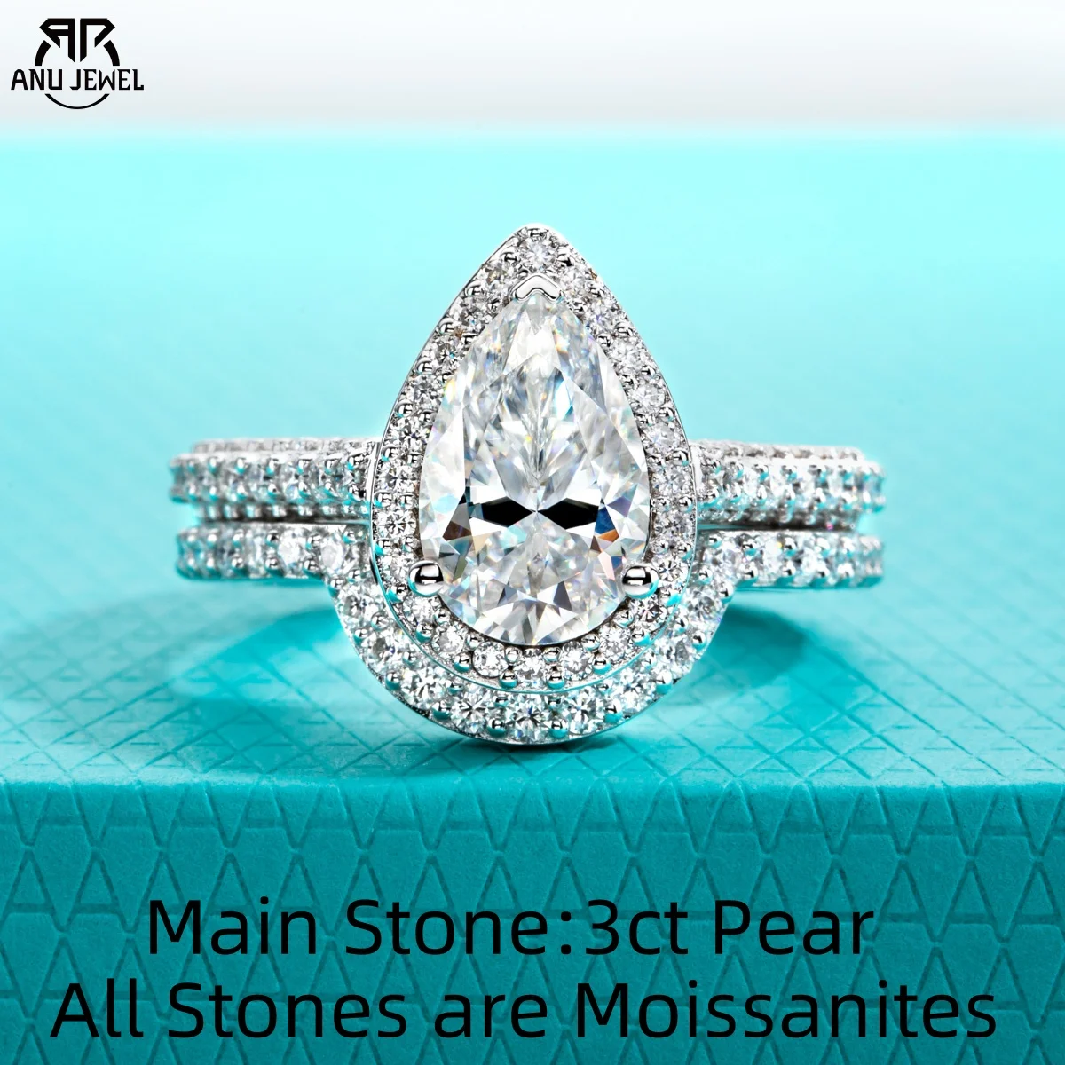 

AnuJewel 3ct Pear (Total 4.827ct) D Color Moissanite Halo Bridal Ring Set Wedding Band Silver Rings Anniversary Jewelry Gifts