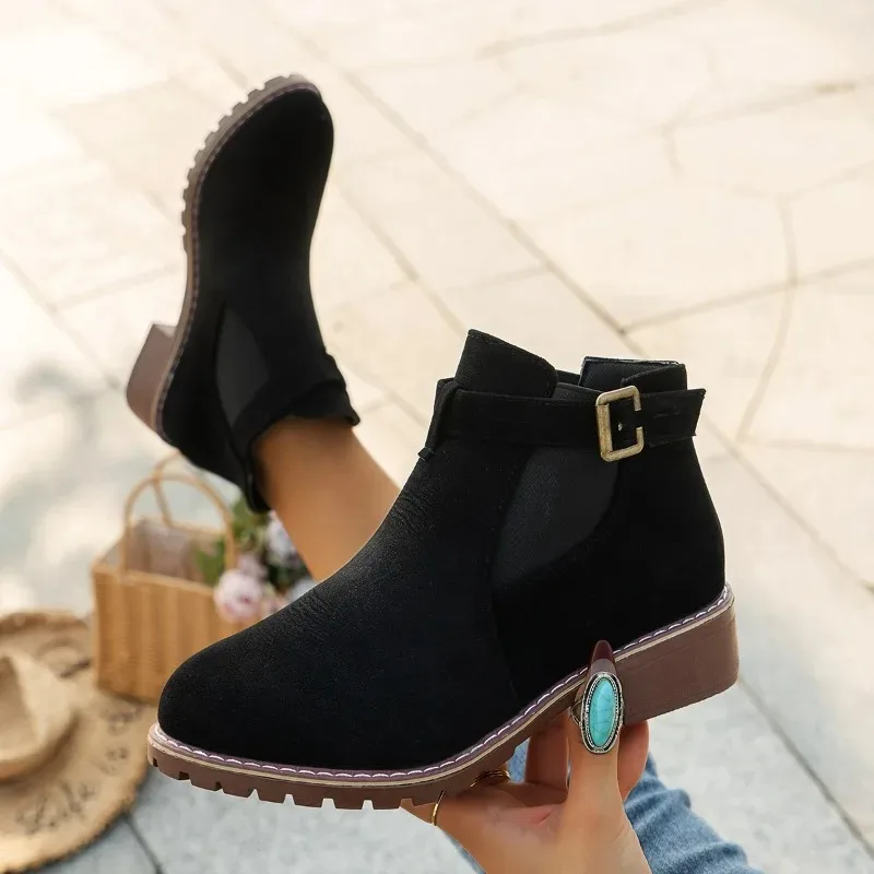 Women's Shoes 2024 High Quality Belt Buckle Women's Boots Fashion Plus Size Modern Boots Women Hot Sale Round Toe Naked Boots