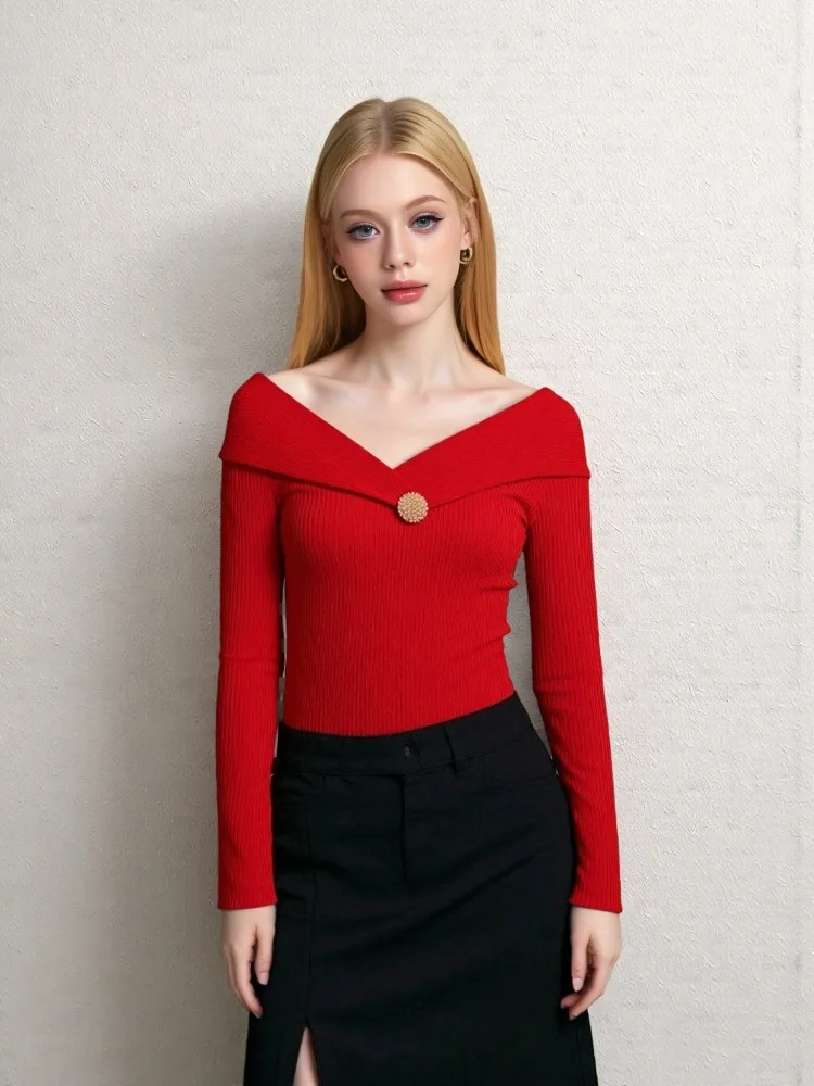 2025 Fashion Women Long Sleeve V-neck Sweater Fall Casual Solod Color Slim Fit Pullover Elegant Knitted Primershirt for Women