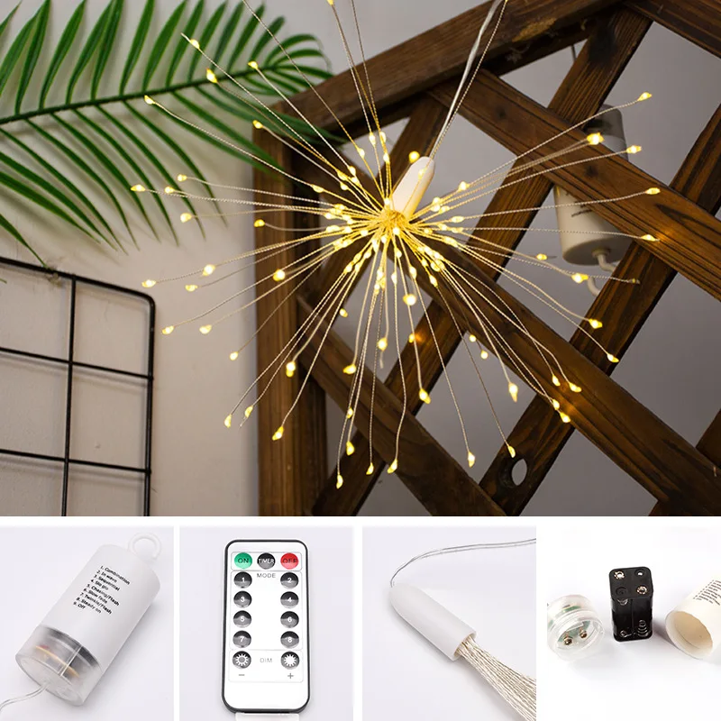 led電球を使用した、屋外用の防水仕様の太陽光発電式、銅線製の花火型ライト。芝生などに設置可能。