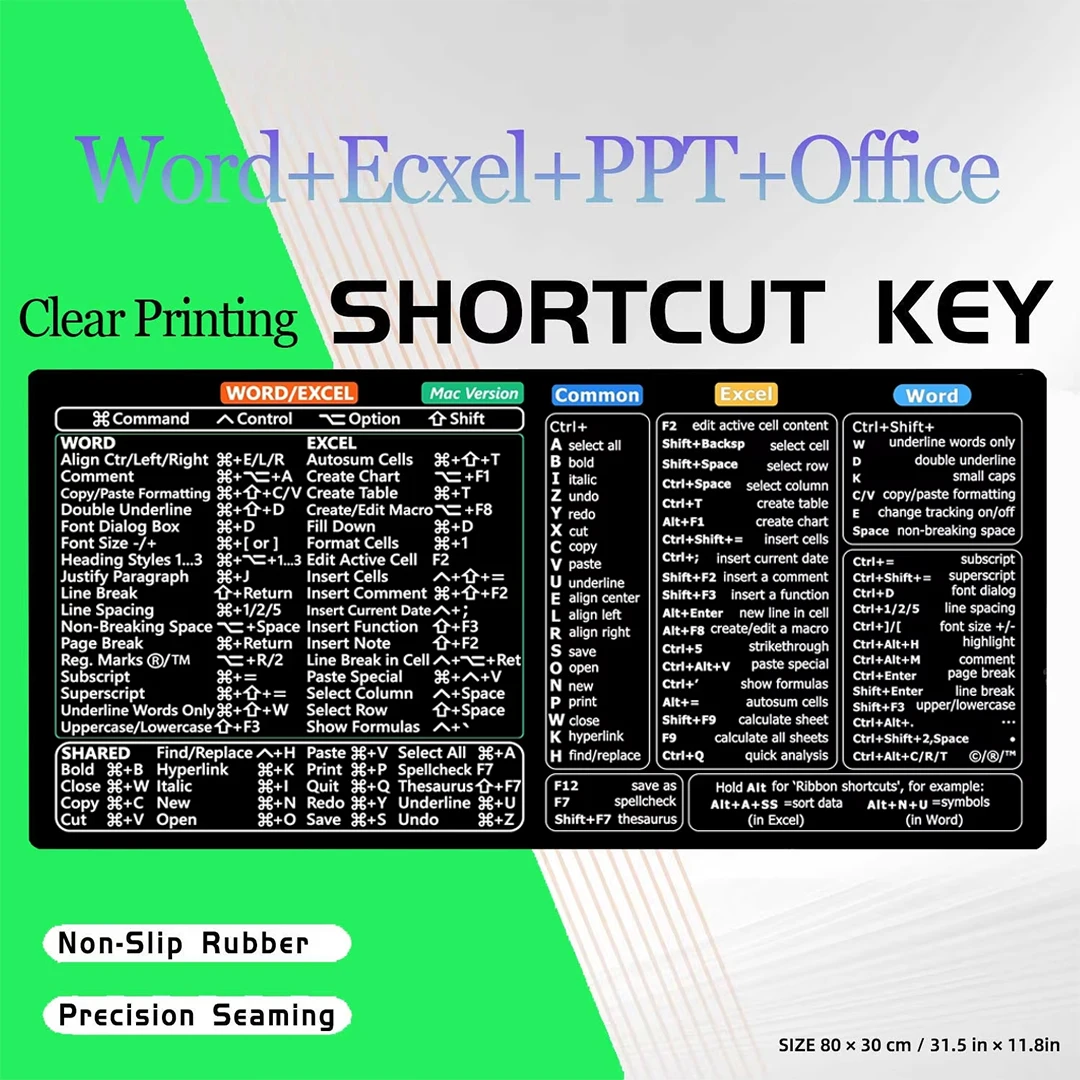 Windows,Excel,PPT Keyboard Shortcuts Mouse Pad Large Table Mausepad With Seamed Anti-slip Base Rubber Office Computer Desk Mat