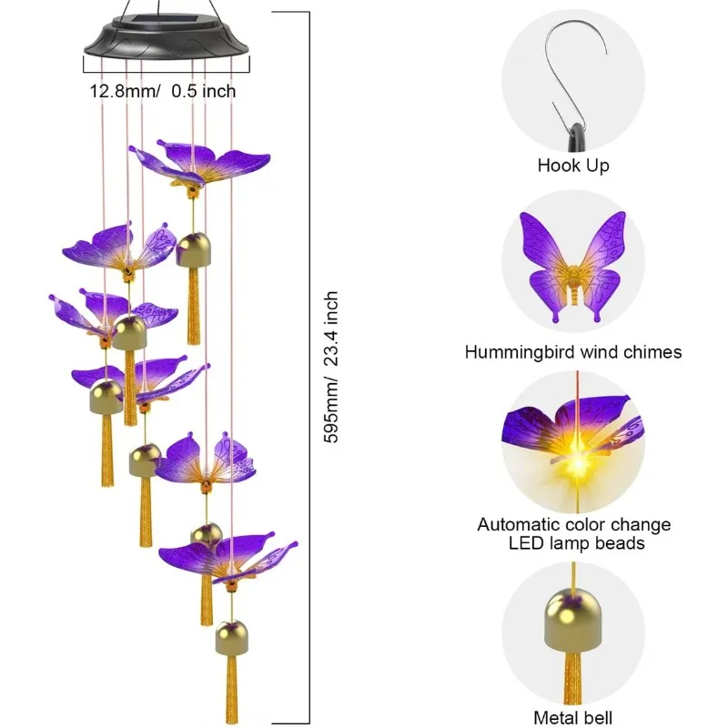 1PC Hanging Solar Garden Decor Light Butterfly Bell Solar Wind Chime Color Changing Solar Lamp Outdoor Waterproof Garden Yard