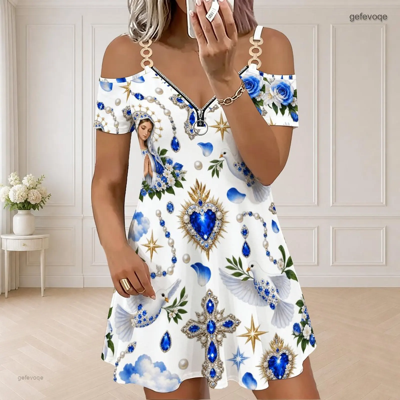 Women White Printed Cold Shoulder Short Sleeve Dress, Chain Strap Zip V Neck, Text Heart Wing Pattern