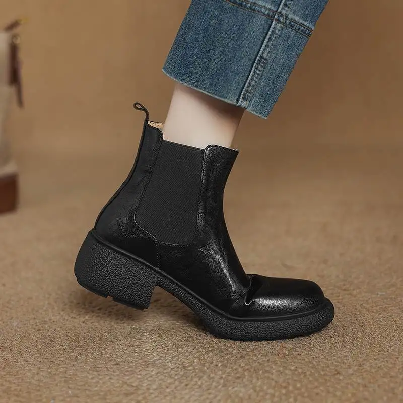 كرازينغ وعاء كبير الحجم جلد الغنم حذاء بكعب سميك منصة الحديثة تشيلسي الأحذية عادية الشتاء الخريف الراحة Vintage النساء حذاء من الجلد