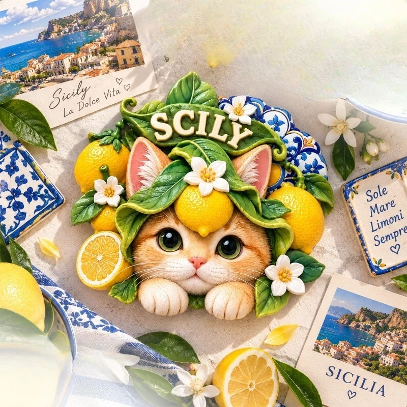 Sicily Lemon Kitten Fridge Magnet - Sunny 3D Italian Souvenir Unique Mediterranean Gift for Travel & Kitchen Decor