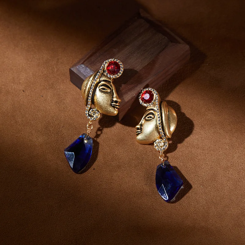 Cross Border Bohemian 925 Silver Indian Totem Head Vintage Stud Earrings Ethnic Style Earrings Long Earrings