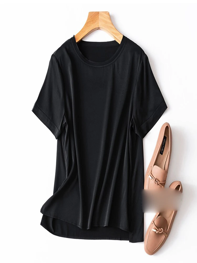 Birdtree, koszulka damska 19MM, 92% jedwab, letnia satynowa koszulka codzienna w jednolitym kolorze, z okrągłym dekoltem, krótki rękaw, podstawowa koszulka T37701QD