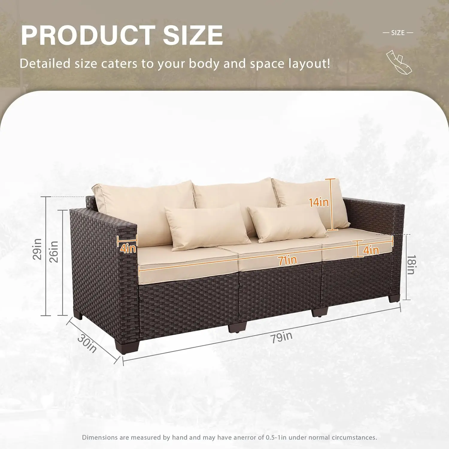 Outdoor Patio Furniture Outdoor Couch 3 Seater Sofa Brown Wicker Sofa Deep Seat High Backrest Patio Couch w/ Anti-Slip Cushions