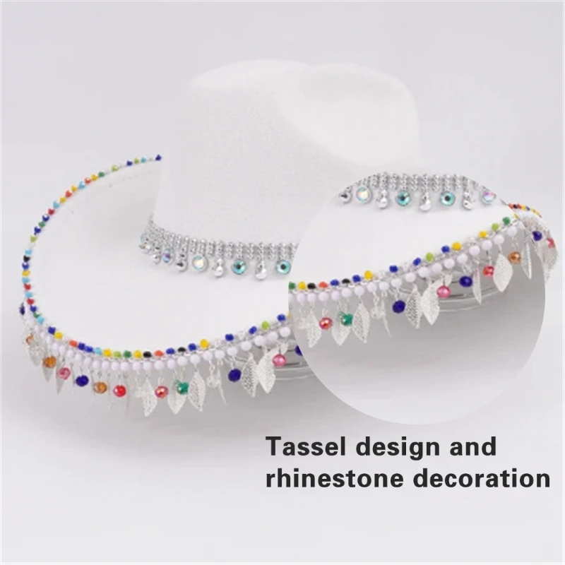 Tassels Rhinestones Hat Women Sunshine Hat Western Stylish Hat Wide Border Elegant Hat Bachelorette Party Hats