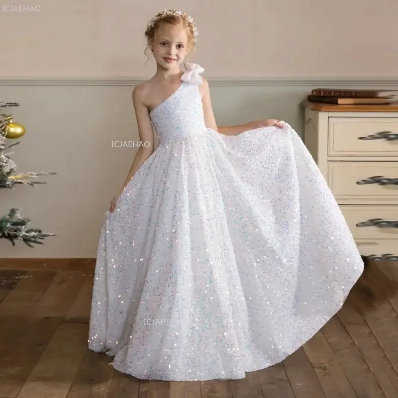Girls One Shoulder Princess Party Dress for Piano Violin Performance Pageant Formal Celebration Costume Host Model Show Children
