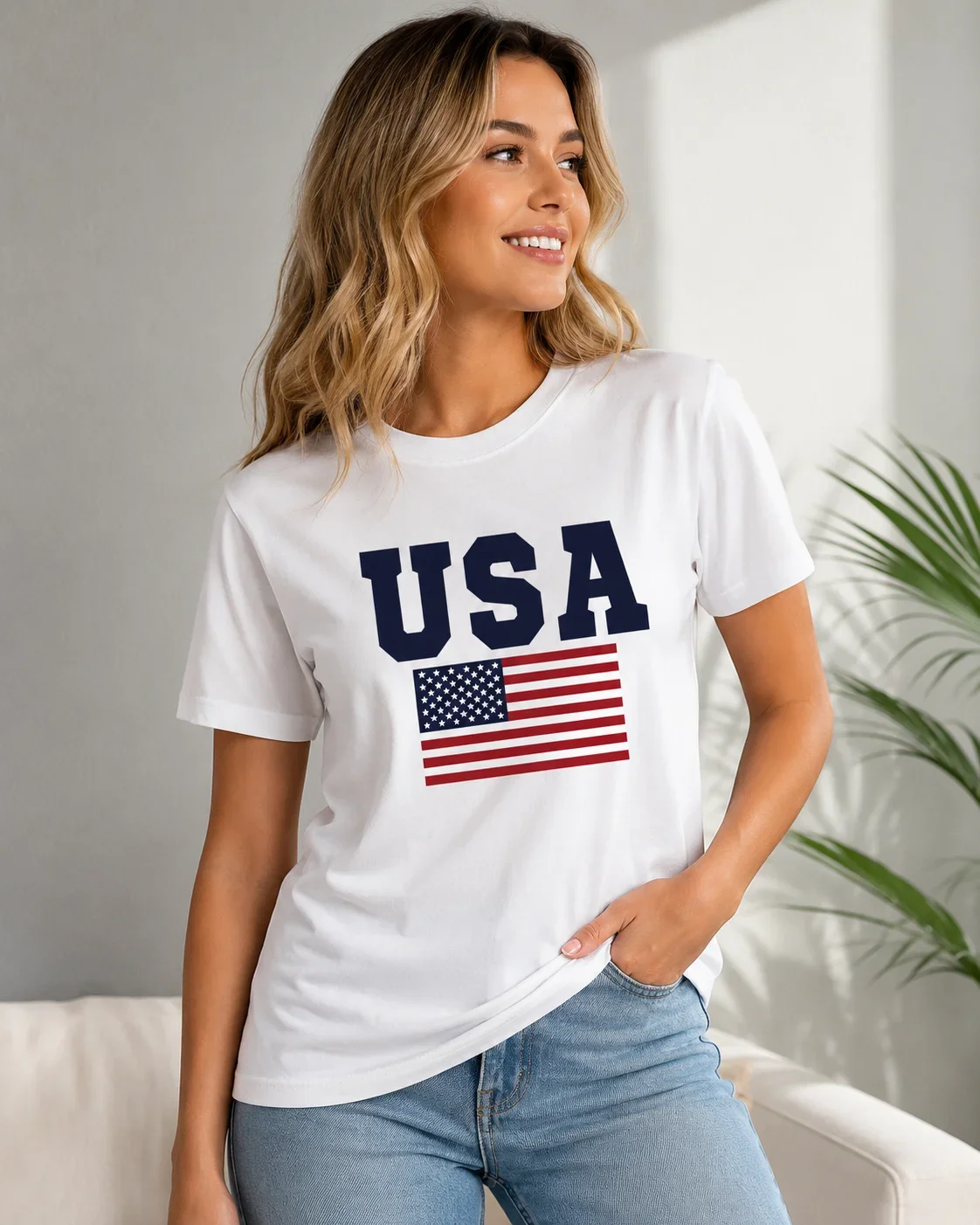 WoFlag Pattern Casual Sports T-shirt American Letter Fashionable Round Neck Short Sleeved Casual TreWomen's Top