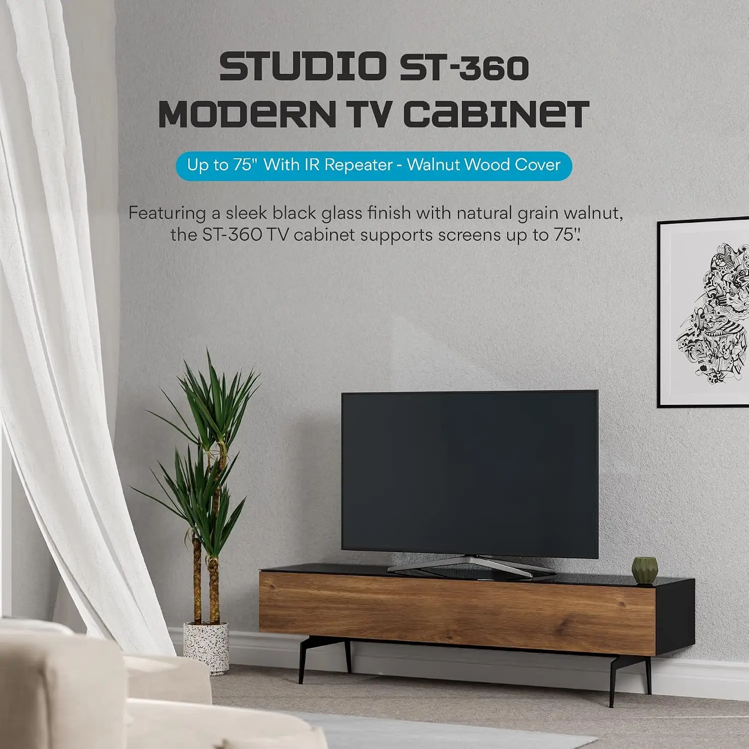 Modern TV Stand Entertainment Center Storage Black Glass Walnut Wood Metal Legs 75 Inch Living Room, Customized
