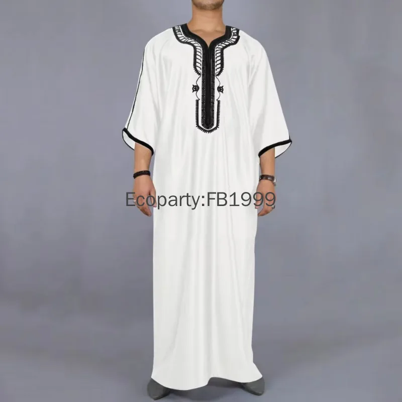 New Men's Moroccan Style Muslim Long Robe Summer Black White Elegant Embroidery Arab Ethnic Jubah Male Casual Islamic Clothing