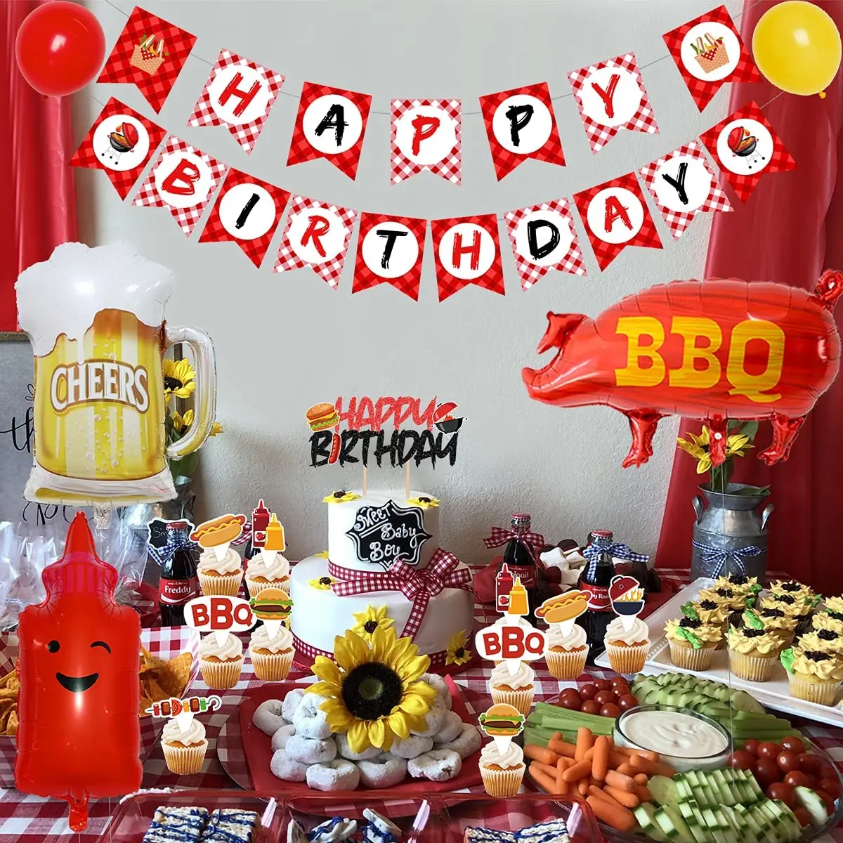 Imagem -05 - Bbq Birthday Party Decorações Churrasco Temático Feliz Aniversário Banner Toalha de Mesa Pig Sauce Balões para Piquenique Partido Suprimentos