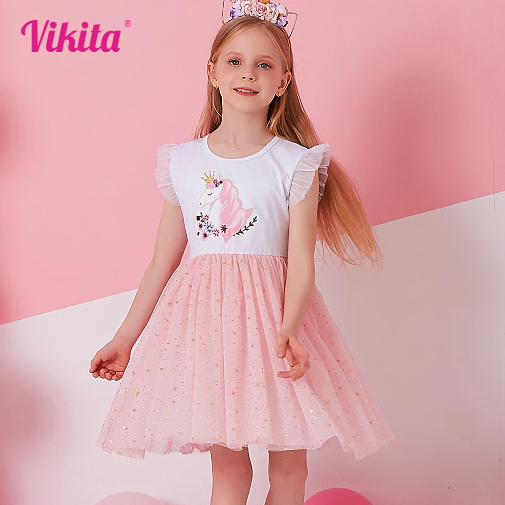 

VIKITA Girls Licorne Flower Print Dress Kids Flare Sleeve Summer Patchwork Pink Dress Girl Fashion Party Casual Princess Dresses