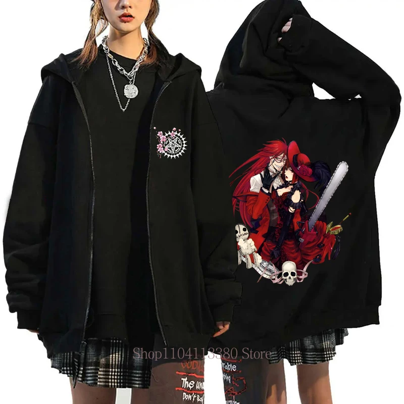 أنيمي الأسود بتلر سستة مقنعين خريف شتاء المرأة موضة عادية كم طويل بلايز الصوف Harajuku زمم البلوز بلوزات #2