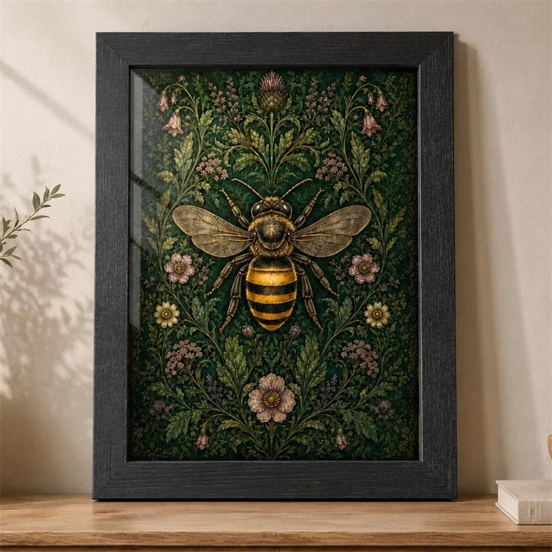 Canvas Painting Estilo Vintage Con Especímenes De Insectos: Abeja Y Mantis Con Plantas E Insectos; Impresión En Lienzo Para D