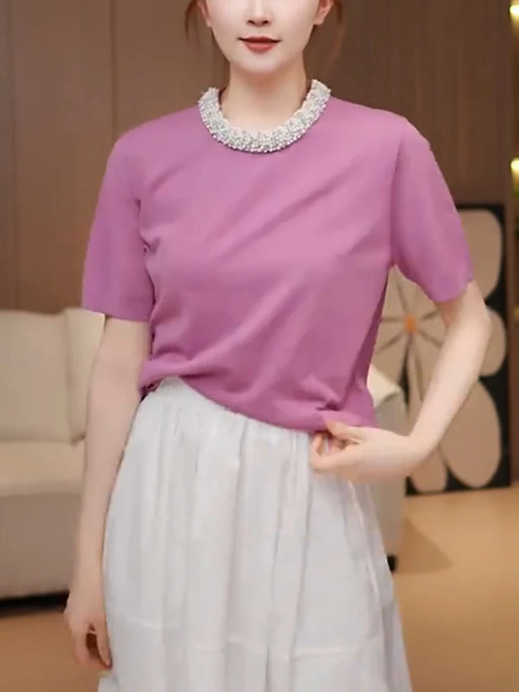 

Elegant Pink Diamond Embedded Ice Silk T-Shirt Women's plus Size Short Sleeve Summer New Style Fashion Korean Style Commute