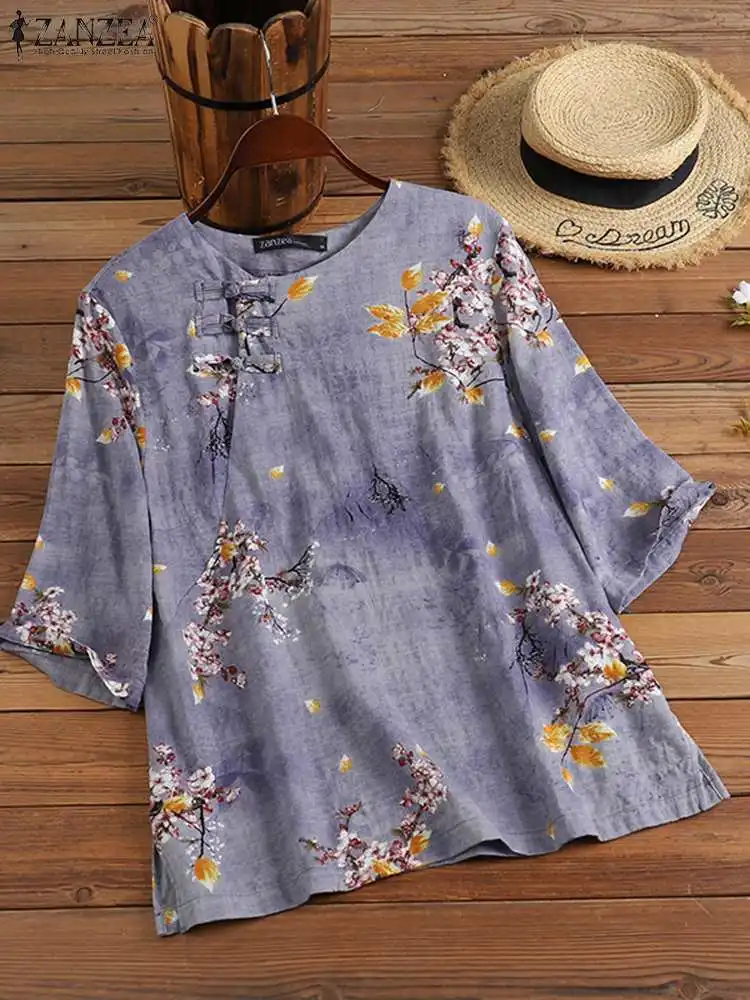 ZANZEA Summer Fashion Floral Printed Blouse Woman Half Sleeve O-Neck Chemise Bohemian Casual Holiday Tops Elegant Loose Blusas