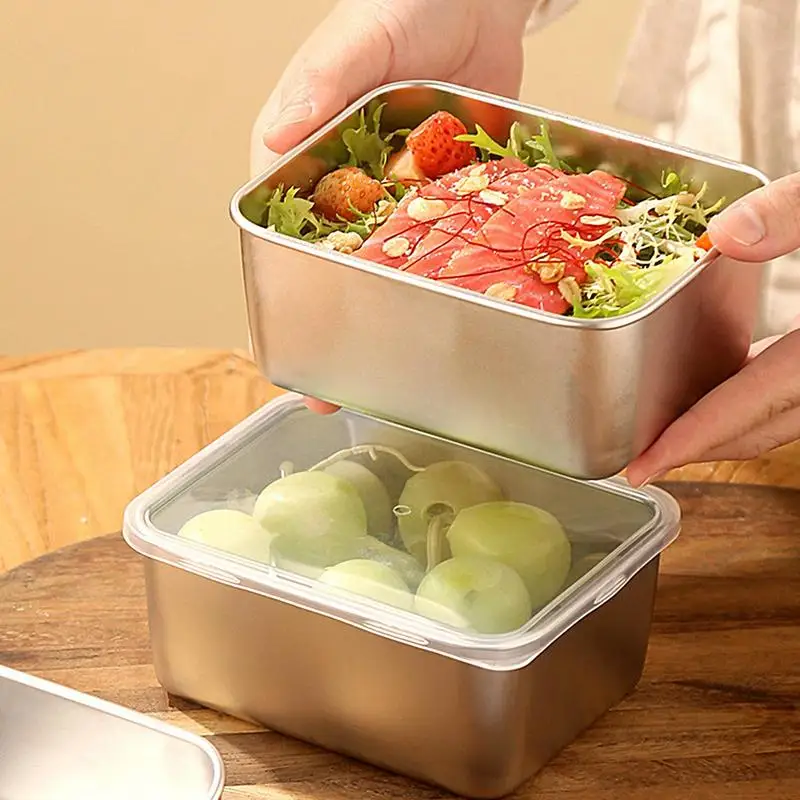 Stainless Steel Square Plate With Lid Rectangular Food Storage Pan Commercial Dish Tray Large Refreshing Lunch Box Container