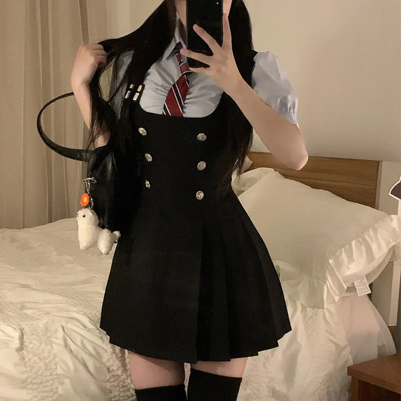 

JK High-waisted Slimming Waistband Spicy Girl Long-sleeved Shirt Black Suspenders Dress School Uniform Set for Women Summer