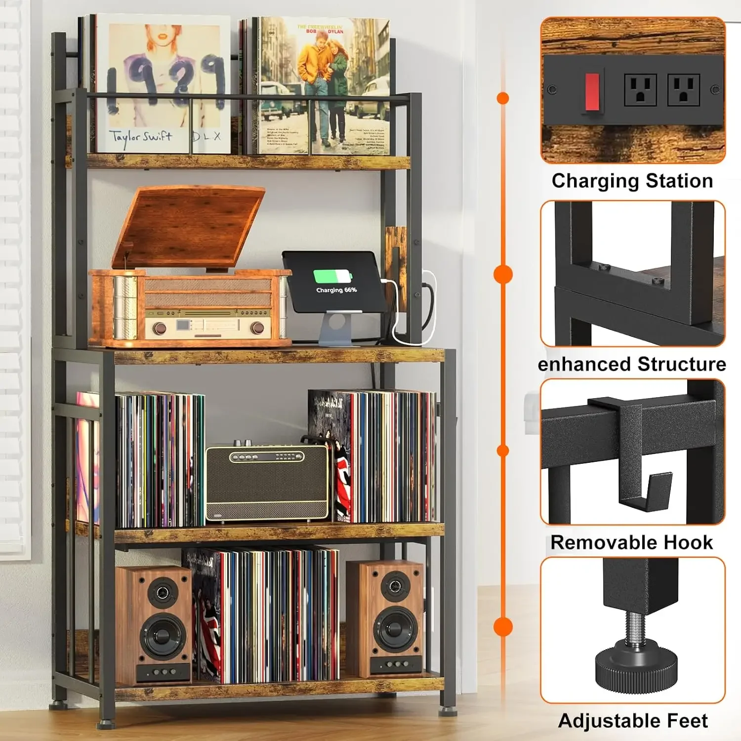 

Record Player Stand with Vinyl Storage, Turntable Stand Holds Up to 300 Albums, Large Record Player Table with Charge Station