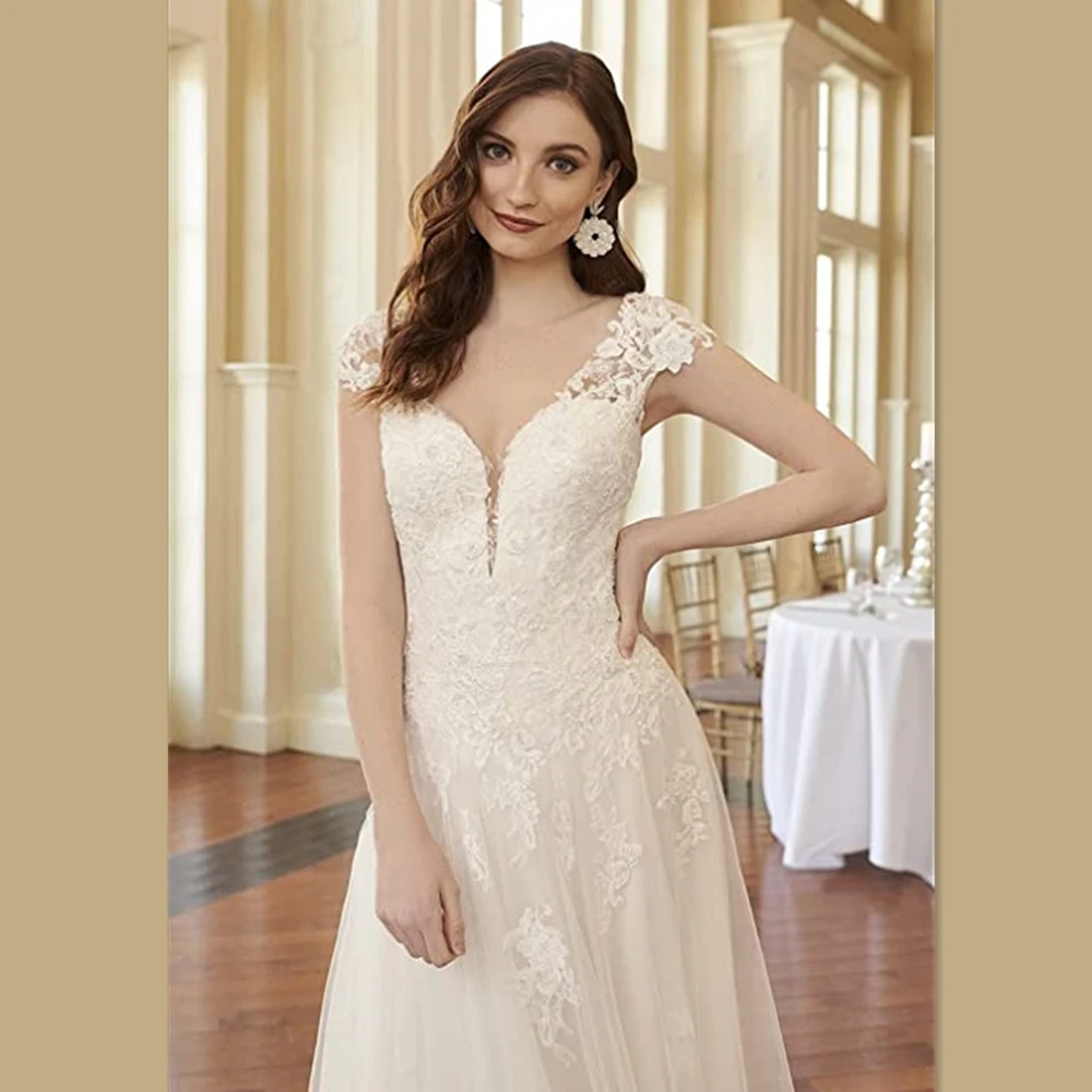 Elegante boné manga vestido de casamento a linha vestidos de noiva sem costas rendas apliques vestidos de noiva trem varredura vestidos de novia 2022