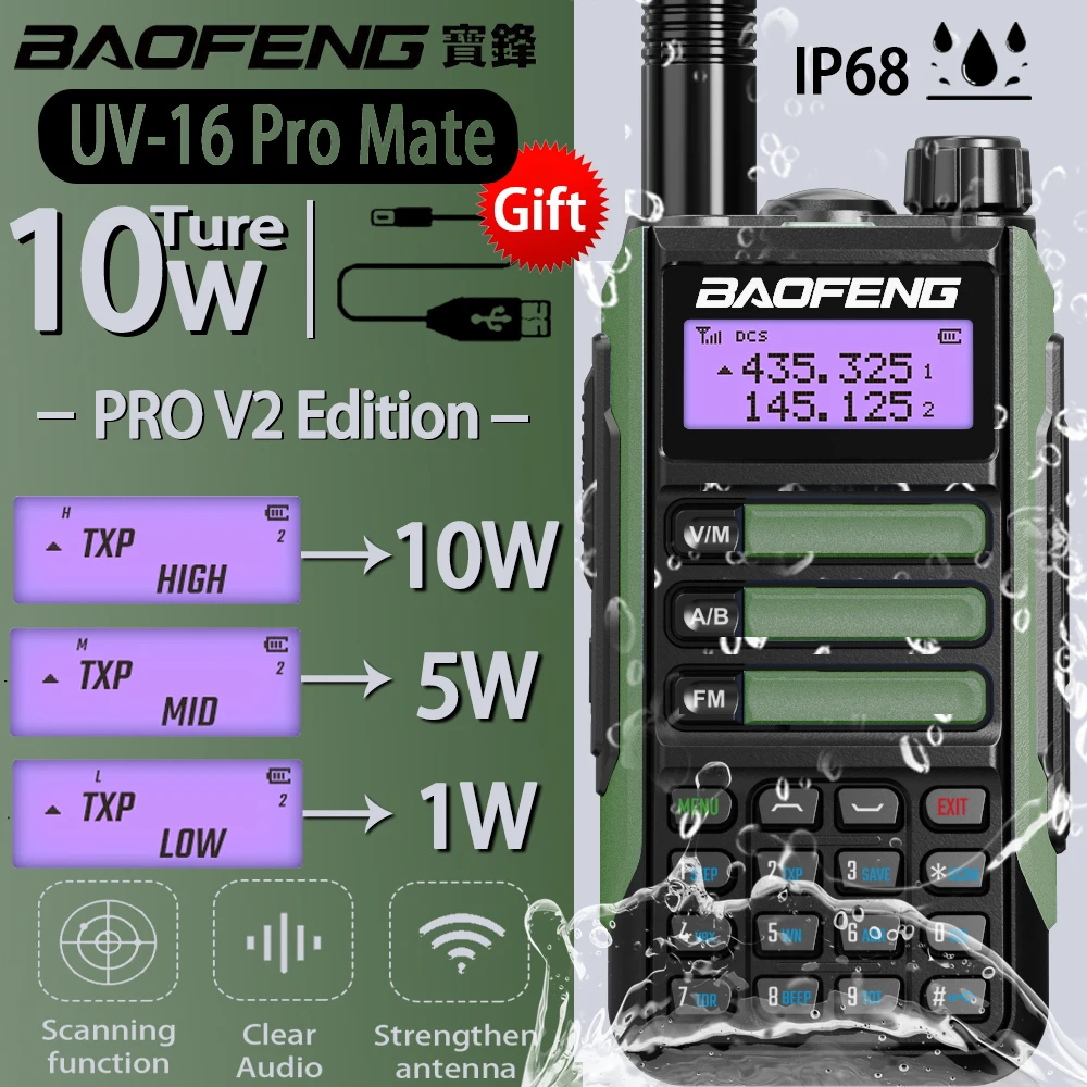 

BaoFeng UV-16 Pro Mate True 10W High Power Walkie Talkie Type-C Long Range Waterproof UV16 Pro V2 Transceiver Ham Two Way Radio