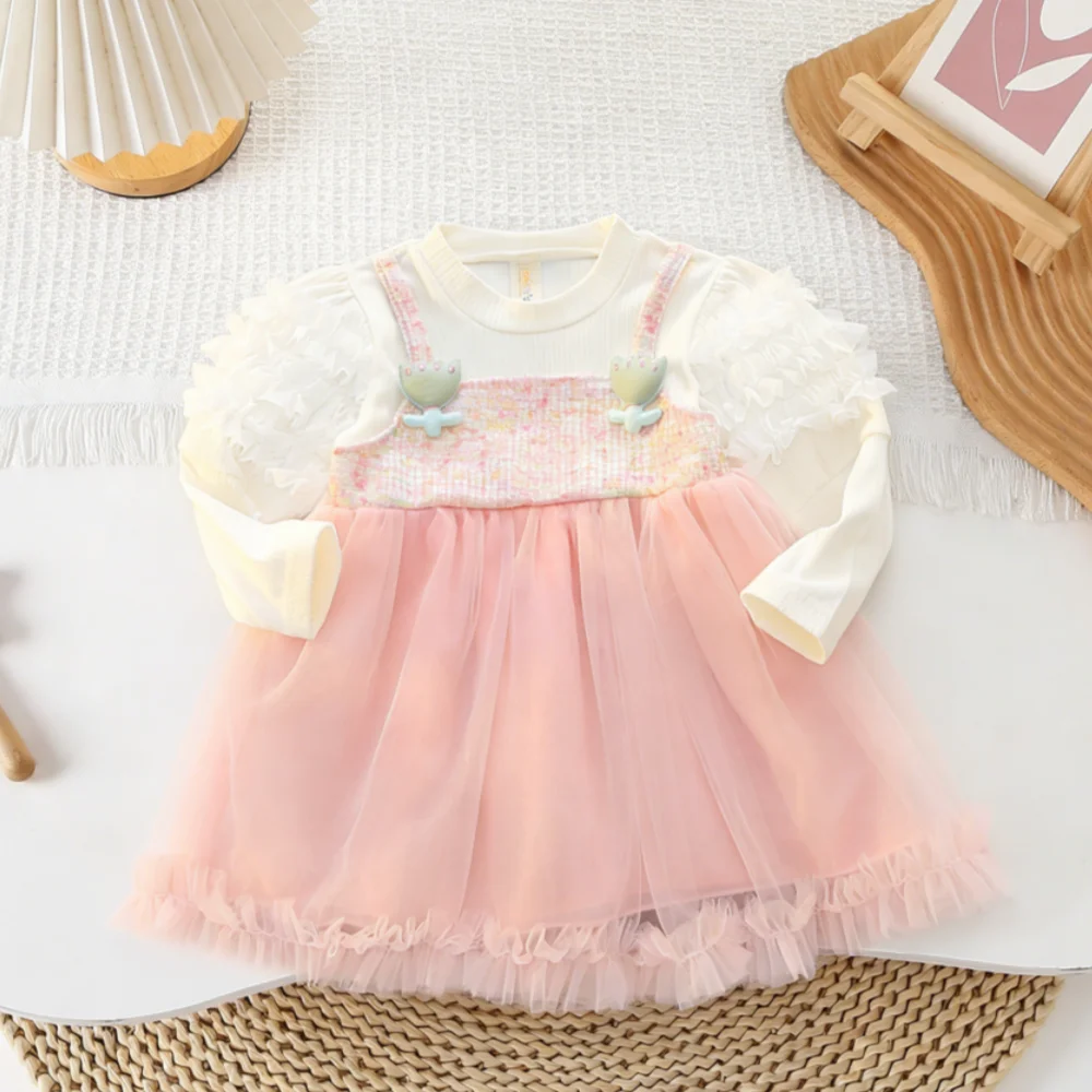 

Girls' Dresses Spring/Fall Floral Mesh Long-Sleeve Baby Girl Dresses Cute Birthday Party Baby Dresses Baby Girl Clothes