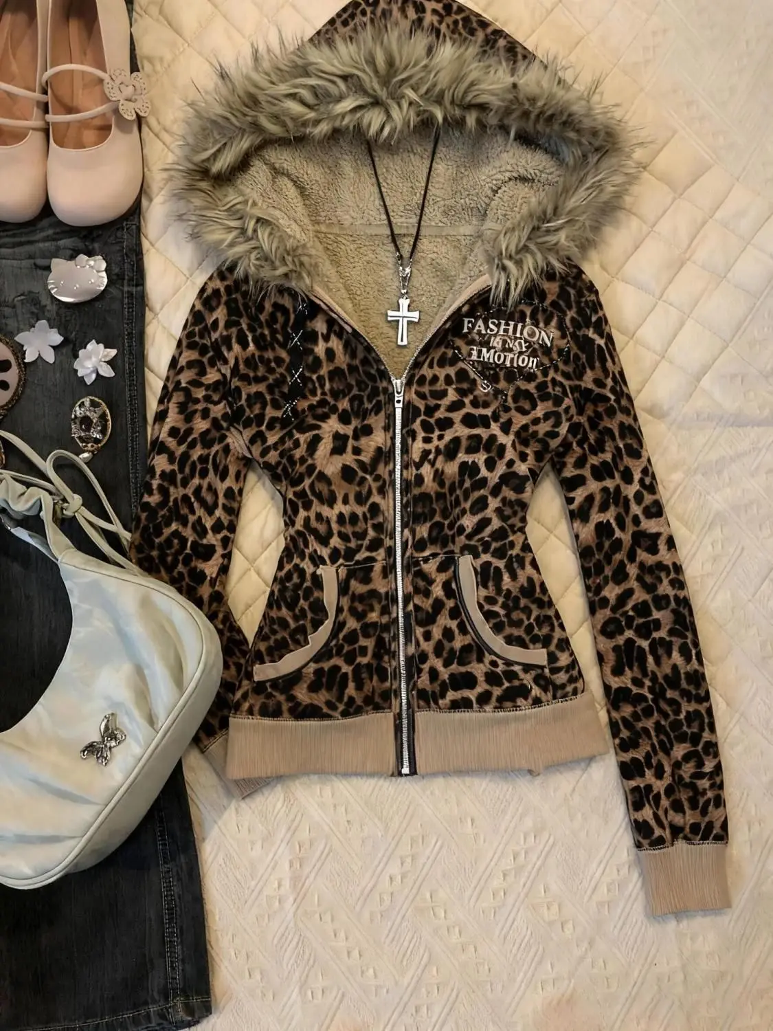 Streetwear Leopard Letter Printing Punk Jackets Women Y2k Aesthetic Furry Patchwork Hooded Coats Grunge Loose Vintage Jacket