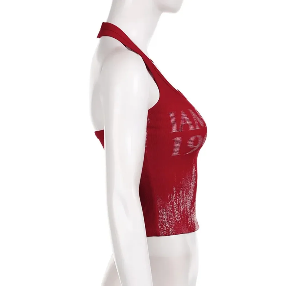 Polyester Monogrammed Choker Vest Open Back Retro High Street Crop Tops Hanging Neck Knit Tank Top Hanging Neck Knit Tank Top