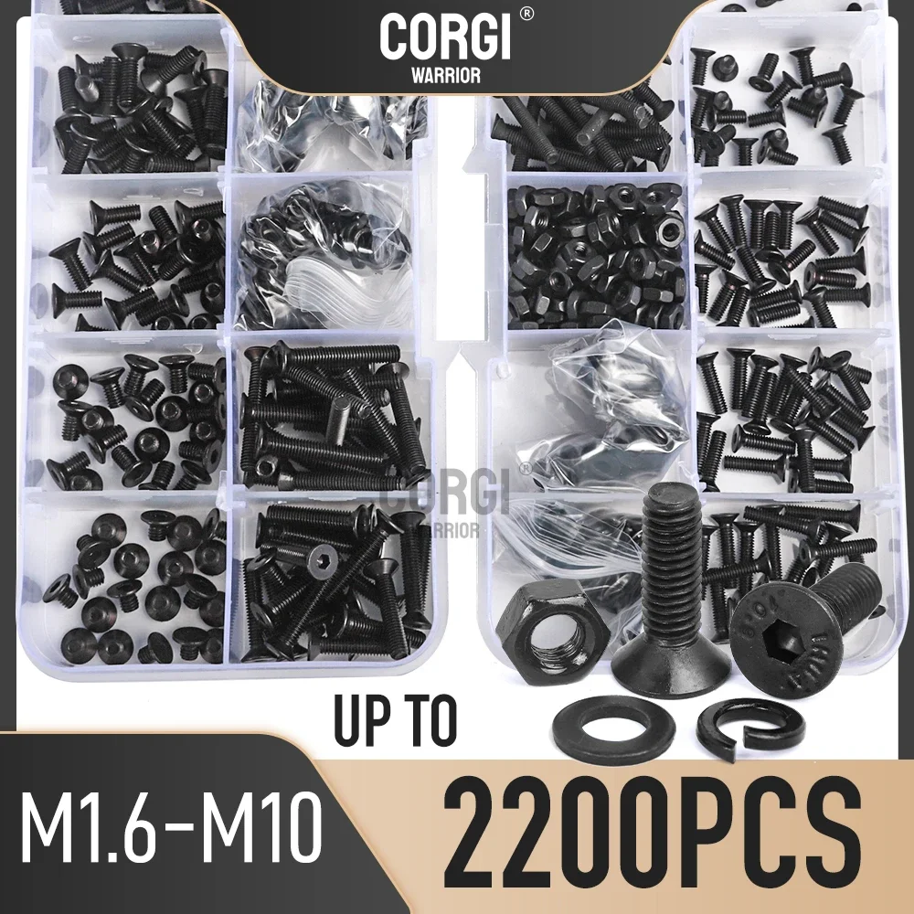 Up to 2200 Metric Hex Socket Flat Head Machine Screws Assortment Kit M1.6 M2 M2.5 M3 M4 M5 M6 M8 M10 Black 10.9 Alloy Steel Bolt