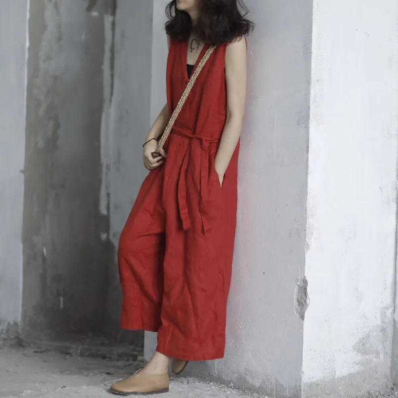 Summer New Japanese Style Minimalist Plus Size Women Cotton Linen Jumpsuit, Loose Elegant Literary Solid Color Casual Pants