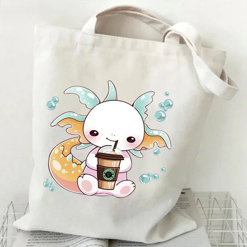 

New Axolotl Series Women Tote Bags Cute Ramen Axolotl Print Canvas Eco Handbag High Capacity Harajuku Fashion Teen Shoulder Bag