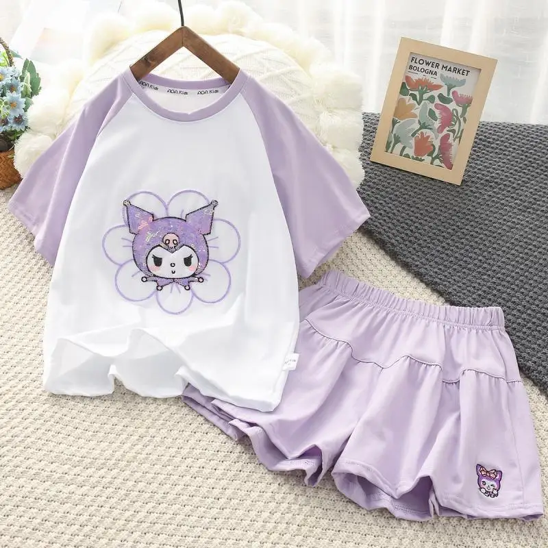 Sanrios Kinder Zomerpak Met Korte Mouwen Kuromi Cartoon Katoenen T-Shirt Short Tweedelige Set Casual Tops Schattige Culottes Cadeau