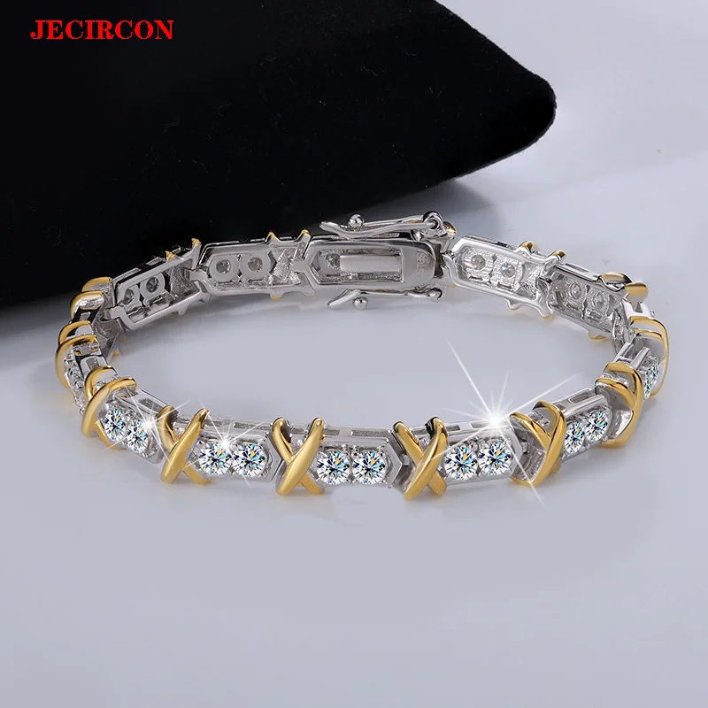 

JECIRCON S925 Sterling Silver Tennis Bracelet, 0.1ct Each Stones, Full Moissanite 2-tone Color Couples' Jewelry Luxury Sparkling