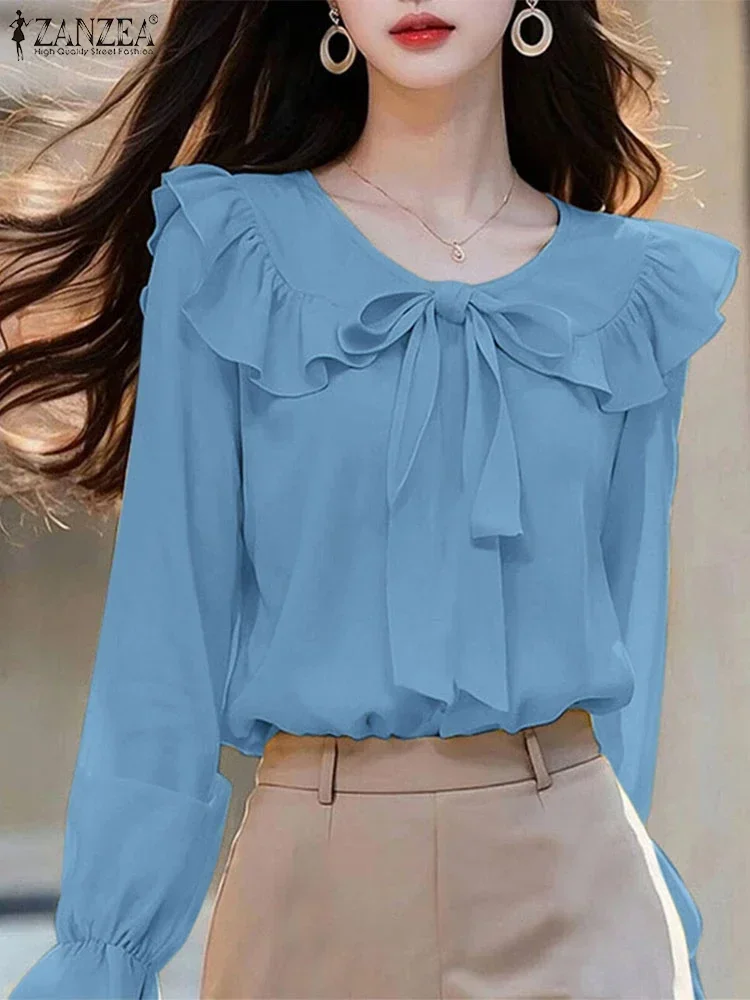 ZANZEA Long Sleeve Peter Pan Collar Blouses Korean Style Women Elegant Tie Up Blusas Mujer Long Sleeve Solid Sweet Smock Tops