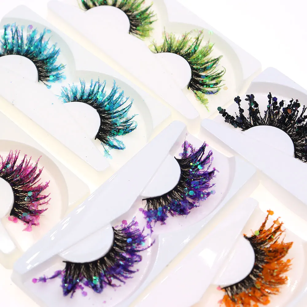 Unique Shining Colored Eyelashes Gold Pink Green Glitter Colorful False Eye Lashes Dramatic Halloween Party Rainbow Cilias