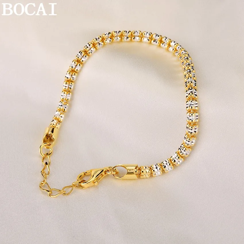 BOCAI New S925 Pure Silver Jewelry Diamond Cut Three Rows Beads Yellow and White Color Separation Bracelet Women's Selected Gift