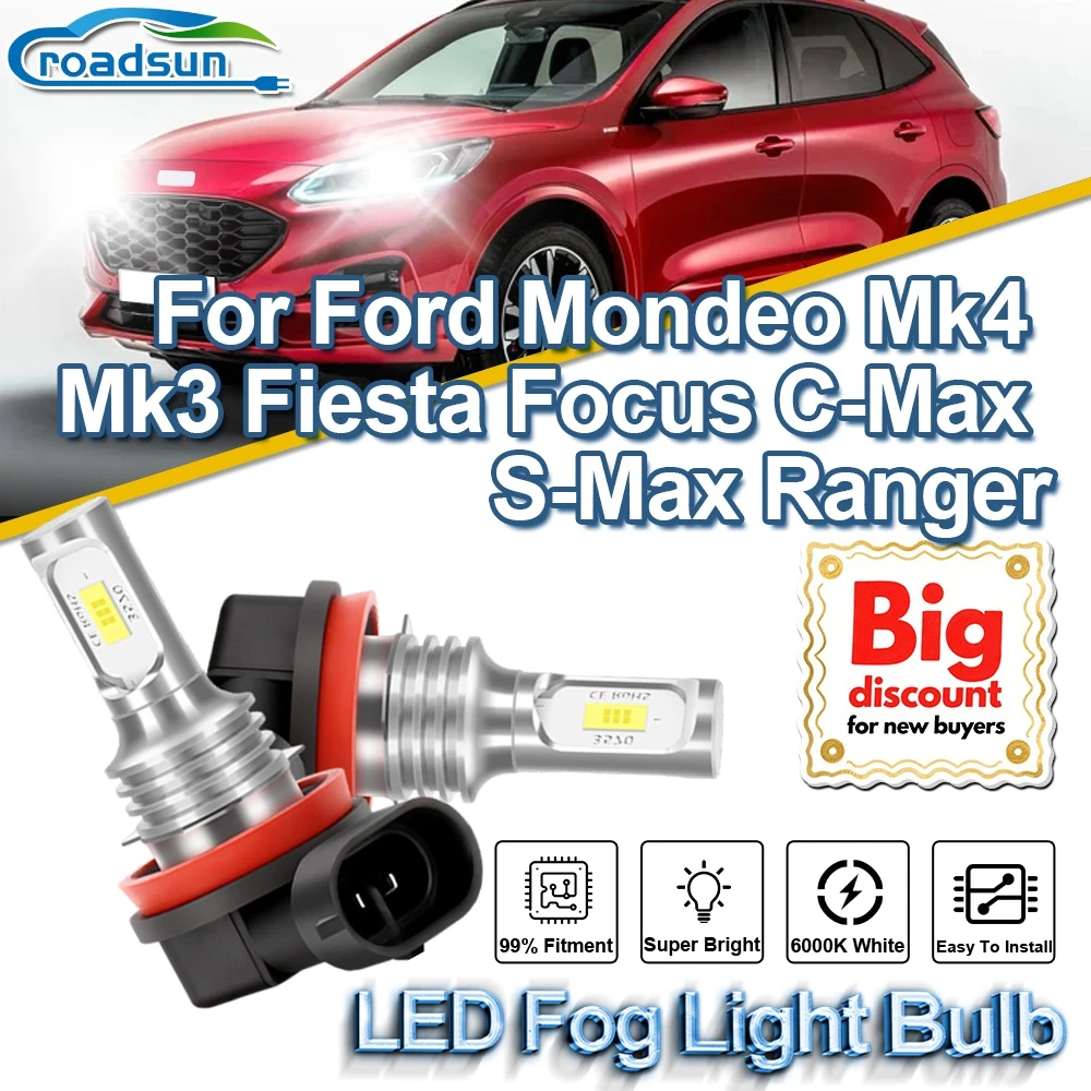 

ROADSUN For Ford Mondeo Mk4 Mk3 Fiesta Focus C-Max S-Max Ranger 2PCS Canbus LED Fog Light Bulbs Plug And Play Fog Lamp Ampoules