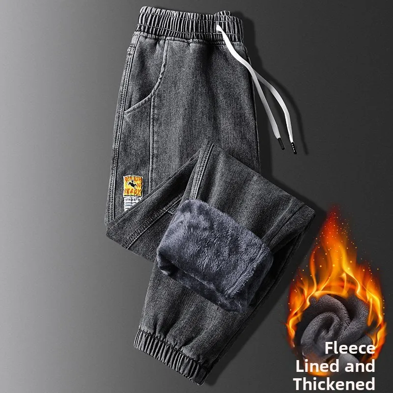 

Мужские свободные джинсы на подкладке, износостойкие рабочие брюки, осенне-зимние длинные брюки, повседневные джинсы в стиле Харадзюку со средней талией