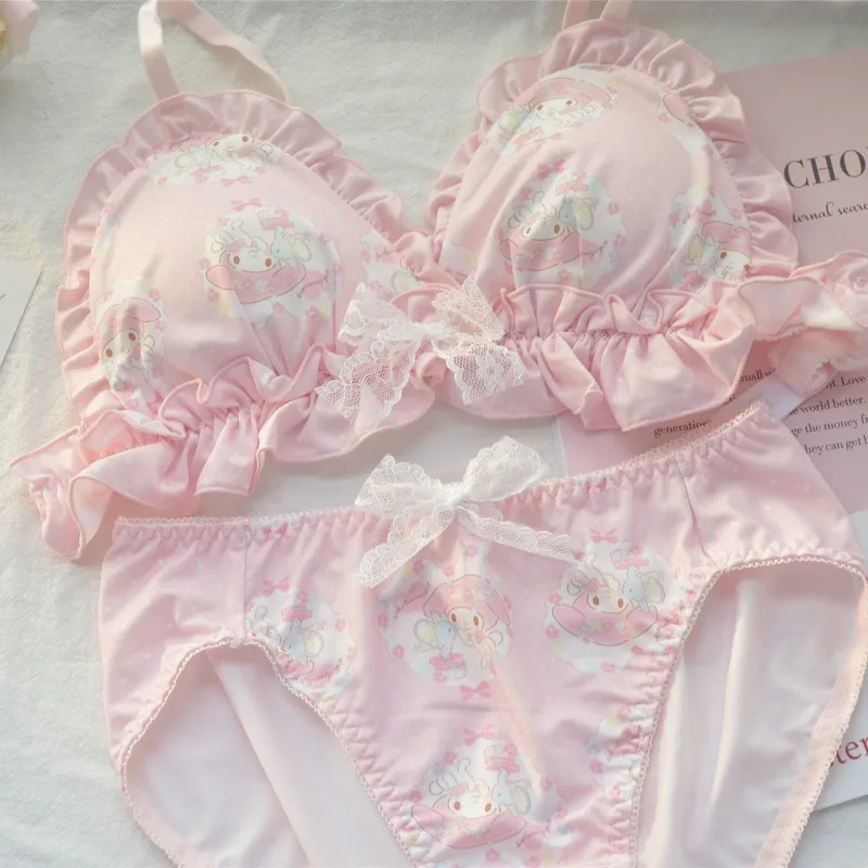 Japanese Lolita Girl Underwear Set Underbust Non-steel Ring Triangle Cup Bra Sweet To Collect Side Breasts Anti-Sagging Bra Set