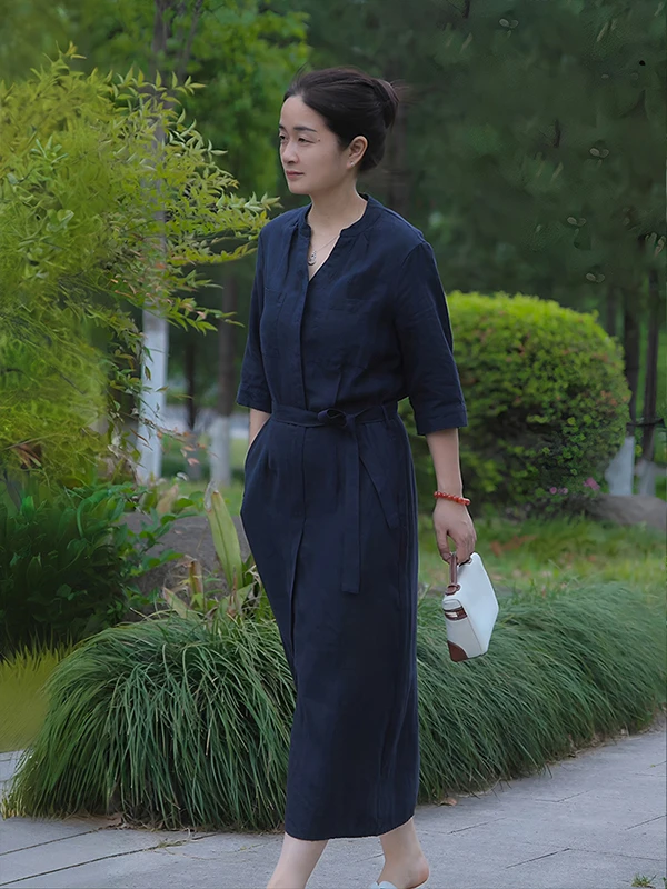 

High-End Han Hanma irt Dr Women's Spring New Sle Vintage Long Dr Loose Fit H-ape Summer Casual V-Ne Button-Up