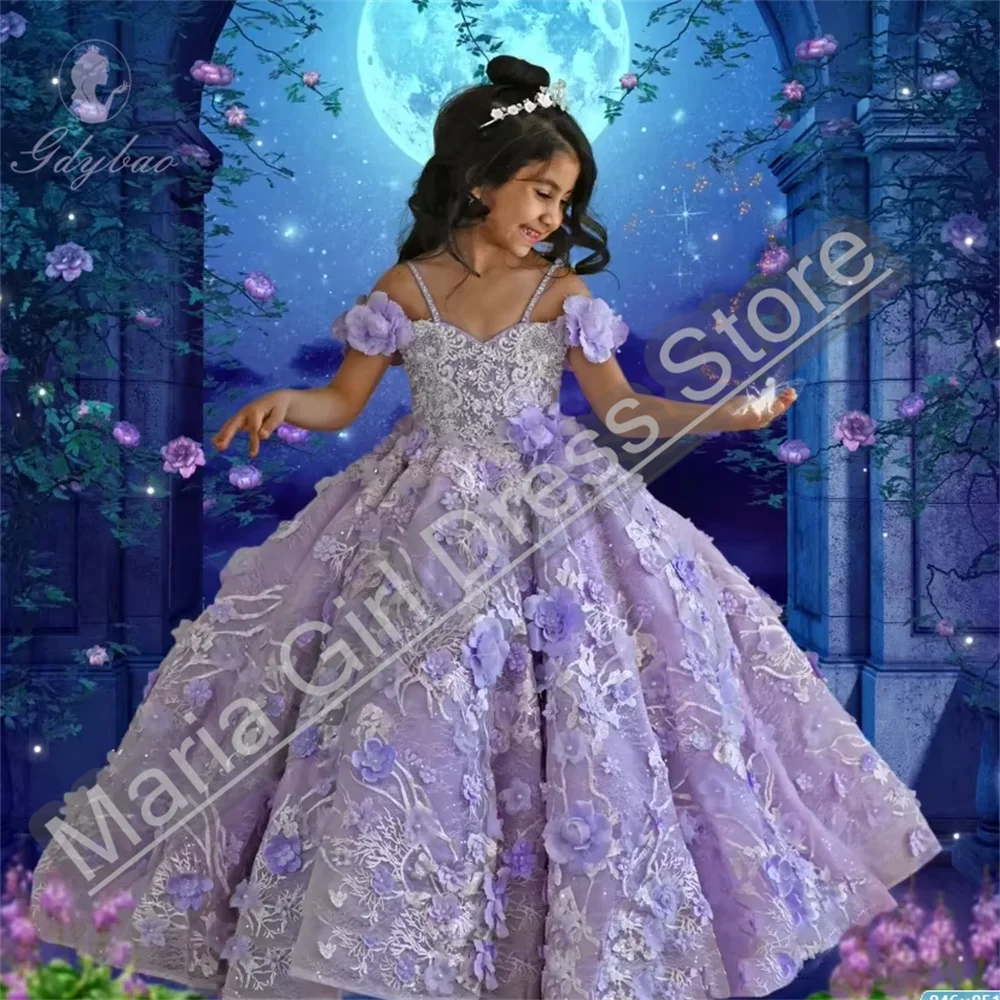 luxury Lavender Party Princess Birthday Gown Beauty Pageant Flower Girl Dress for Wedding Pink Lace Appliqued  Holy