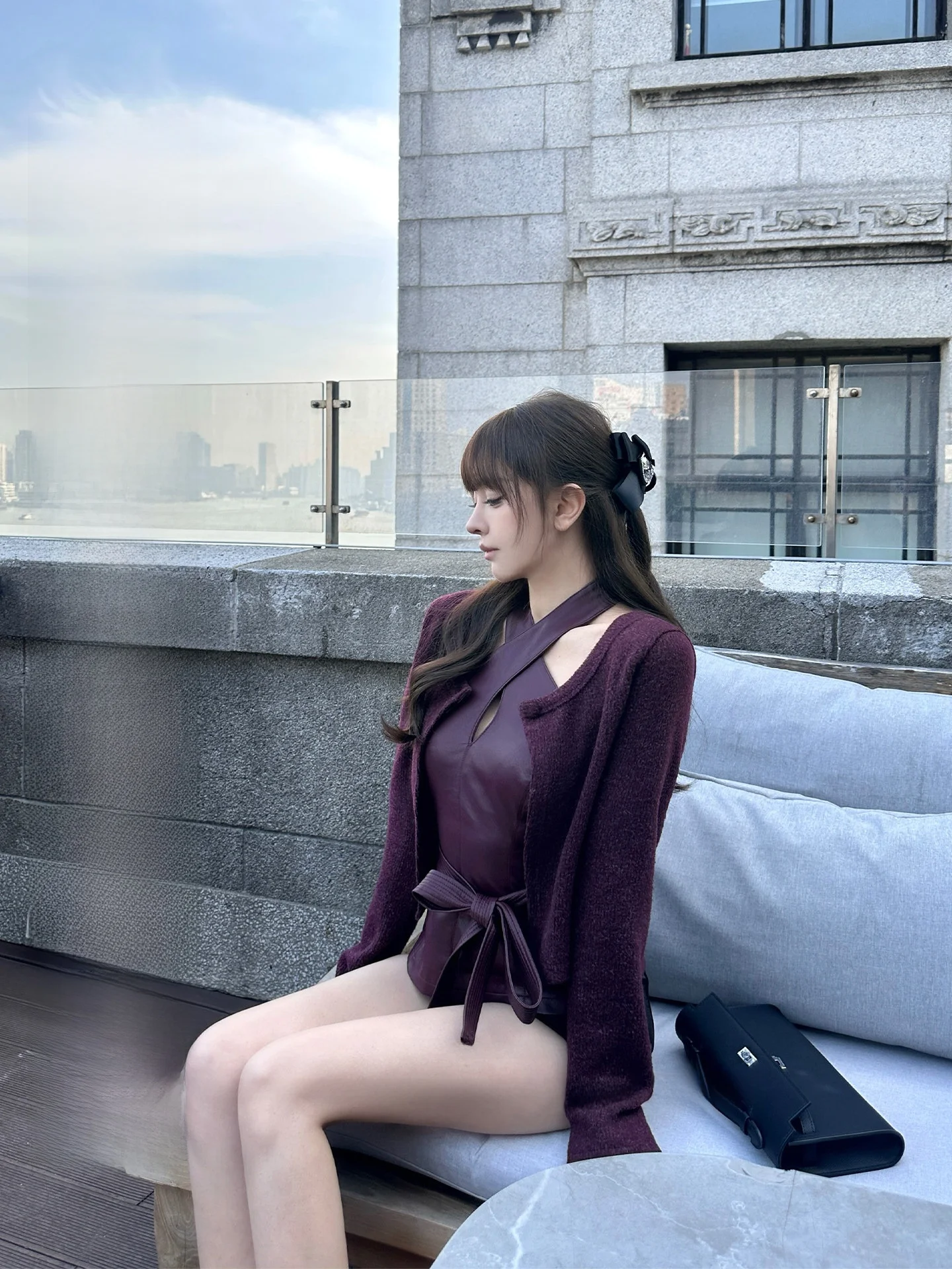 

Roselyn Deep Wine Red Knitted Open Cardigan Set with Belt Svel Vest Sexy Slim Fit Spring Faion for Young Women