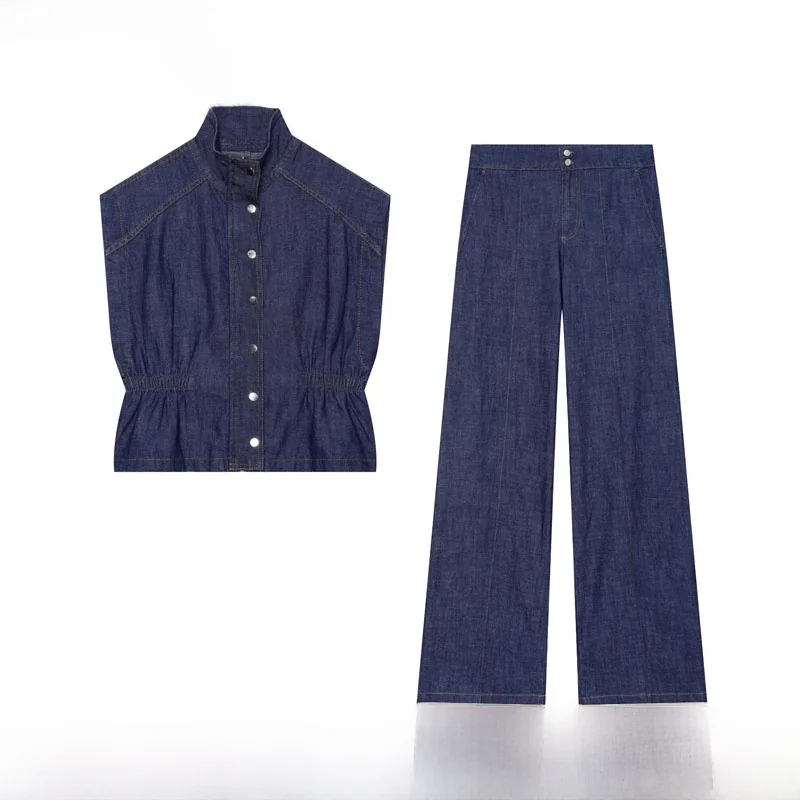 Spring Summer New Women's Fashion Set ZR Style Elastic Waist Vest Straight Leg Pants No Brand Mixed Fabric Work Uniform