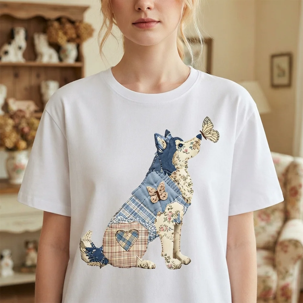 Women Cute Dog Graphic T Shirt Patchwork Husky Floral Butterfly Print Short Sleeve Tee Casual Vintage Animal Lover Apparel