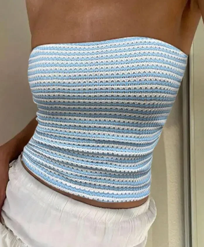 

Sexy Blue White Striped Off Shoulder Tight Vacation Vest Top for Women 2026 Summer New Fashion Women's Sweet Slimming Tank Top